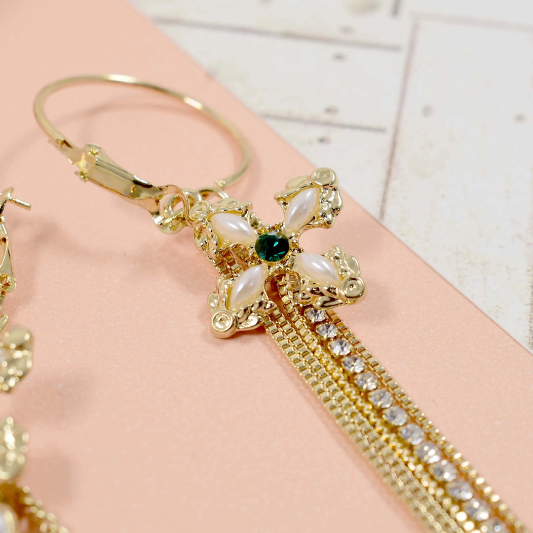 Mismatch flower charm golden pearl chain tassel earring - Salty Accessories