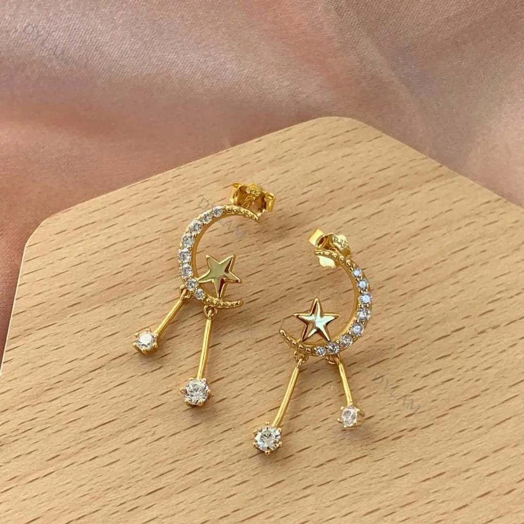 Moon and Stars Studded Tassel Drop Earrings