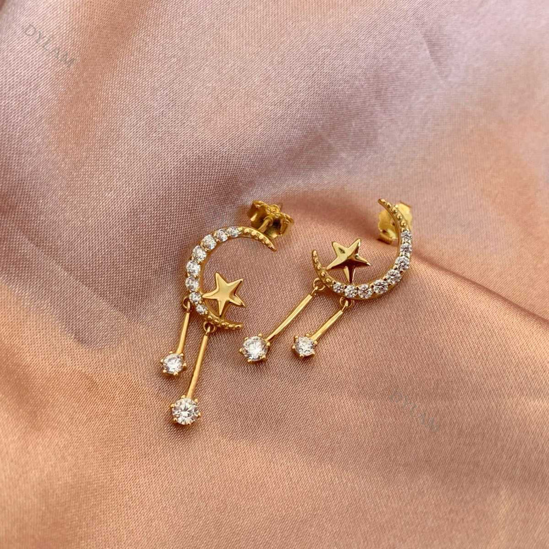 Moon and Stars Studded Tassel Drop Earrings