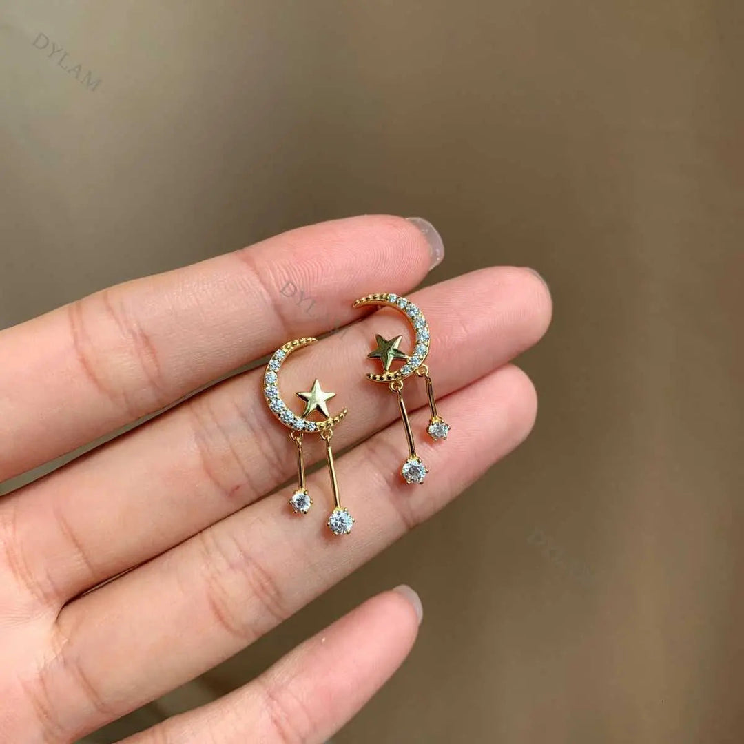 Moon and Stars Studded Tassel Drop Earrings