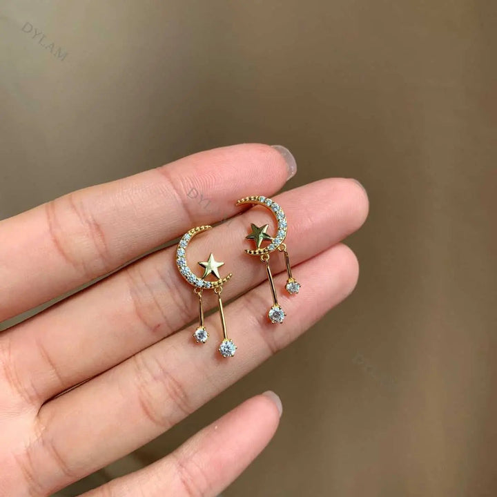 Moon and Stars Studded Tassel Drop Earrings