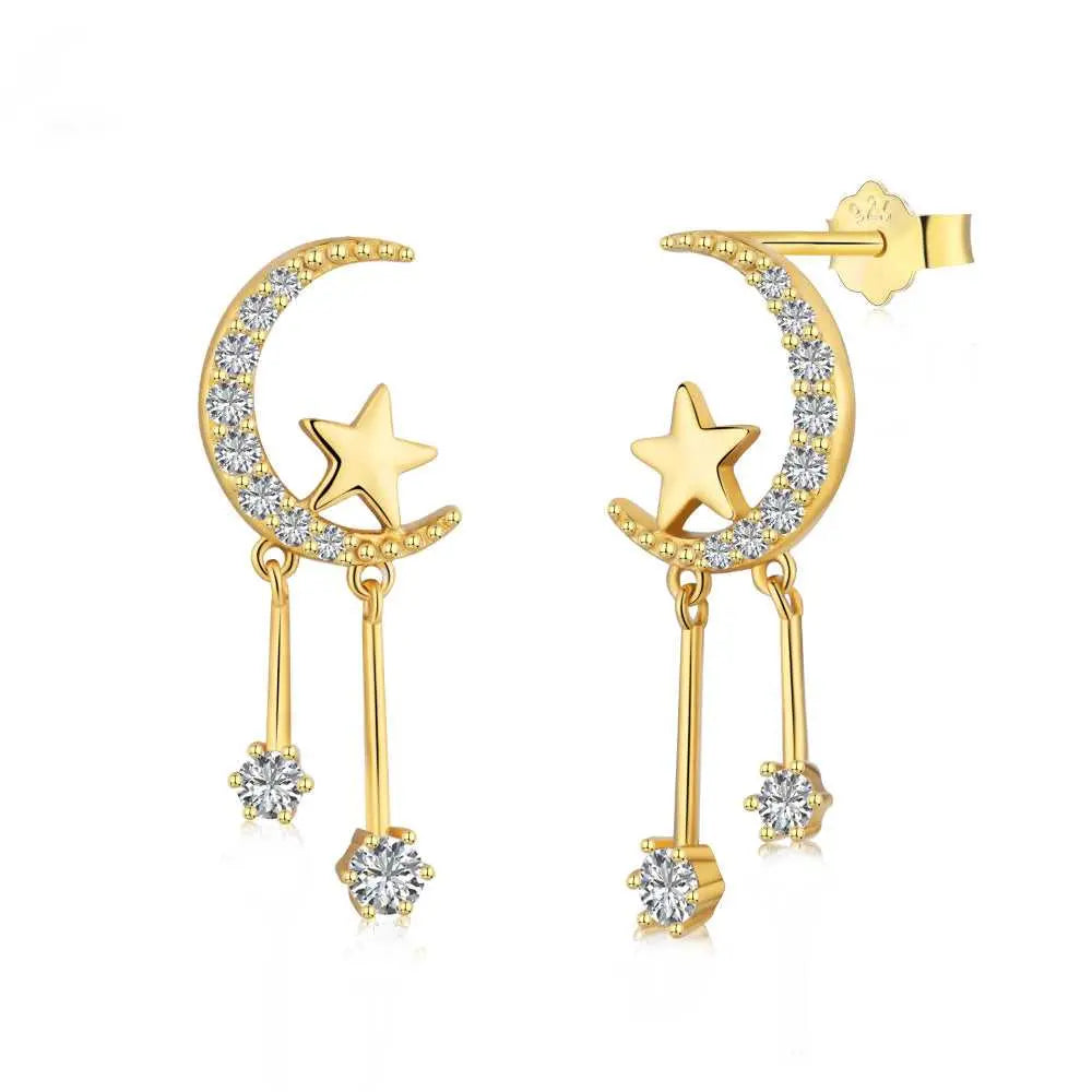 Moon and Stars Studded Tassel Drop Earrings