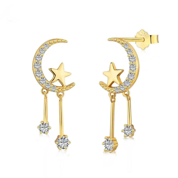 Moon and Stars Studded Tassel Drop Earrings