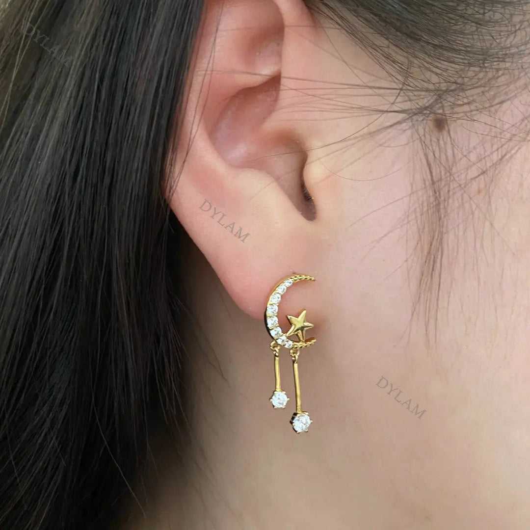 Moon and Stars Studded Tassel Drop Earrings