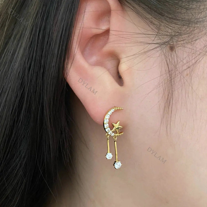 Moon and Stars Studded Tassel Drop Earrings