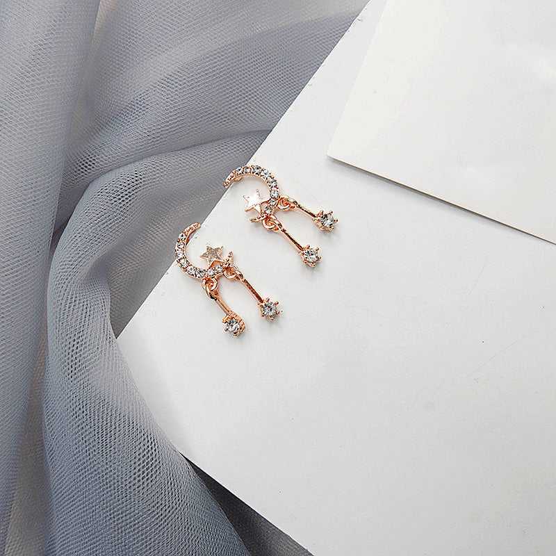 Moon and Stars Studded Tassel Drop Earrings