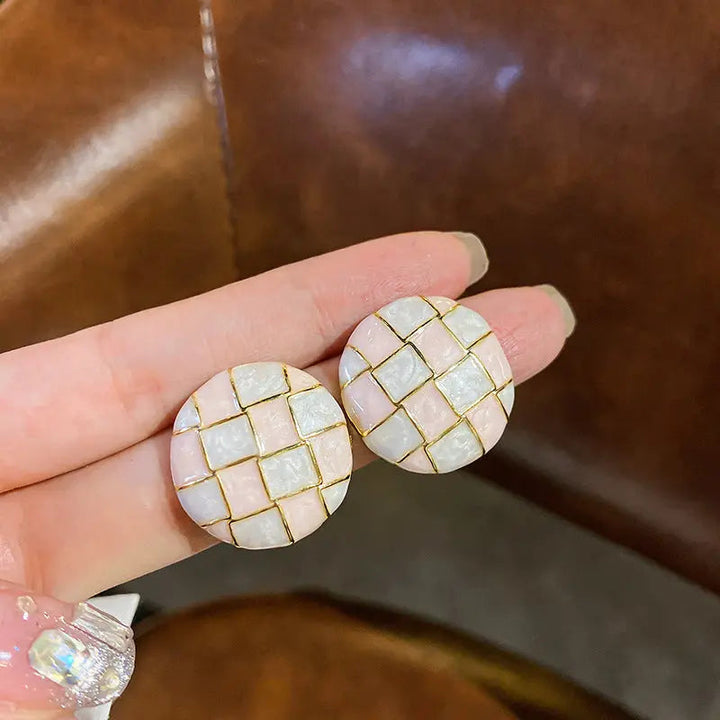 Mosaic Pink White Checker Round Stud Earrings - Salty Accessories
