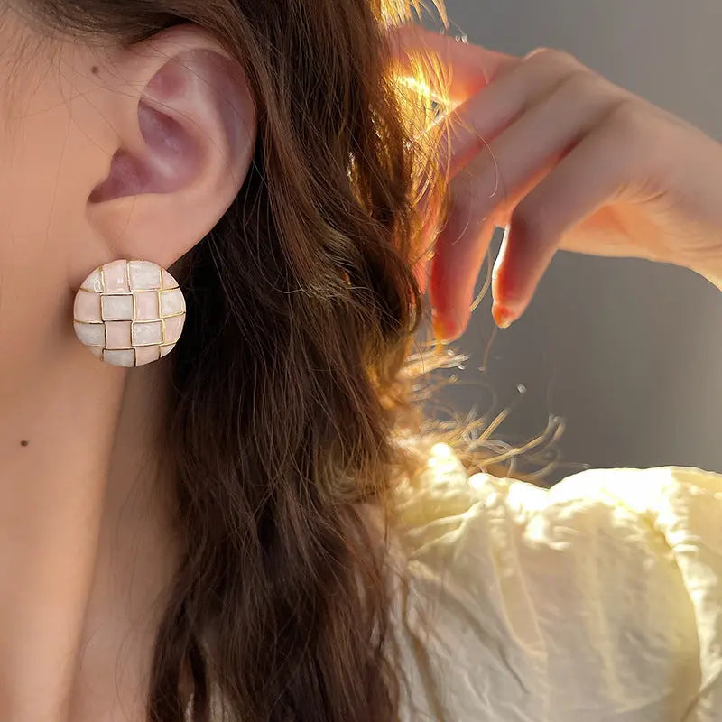 Mosaic Pink White Checker Round Stud Earrings - Salty Accessories