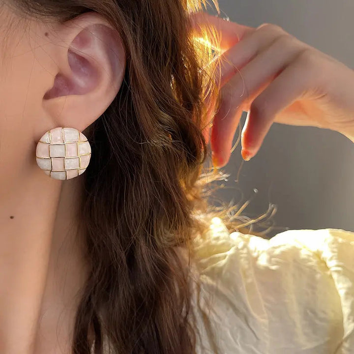 Mosaic Pink White Checker Round Stud Earrings - Salty Accessories