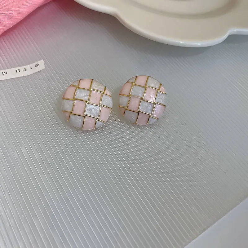 Mosaic Pink White Checker Round Stud Earrings - Salty Accessories