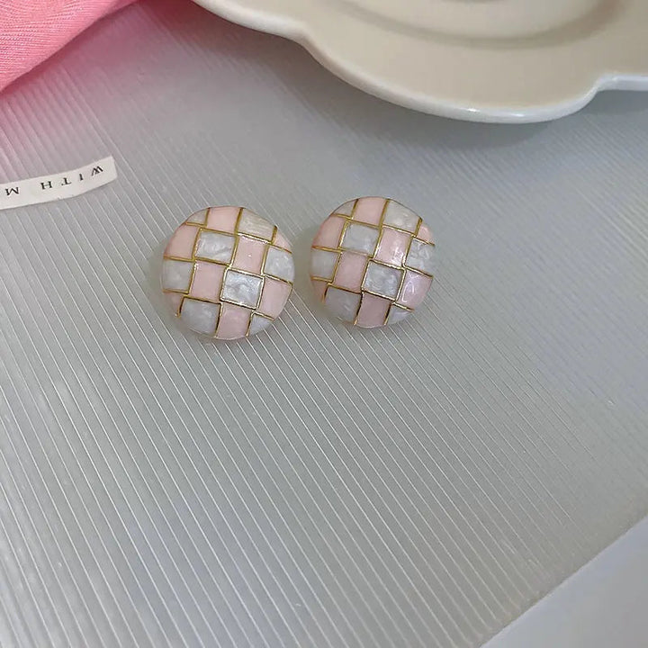 Mosaic Pink White Checker Round Stud Earrings - Salty Accessories