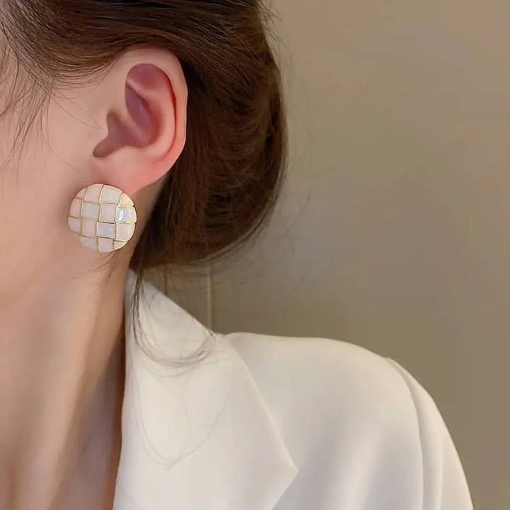Mosaic Pink White Checker Round Stud Earrings - Salty Accessories