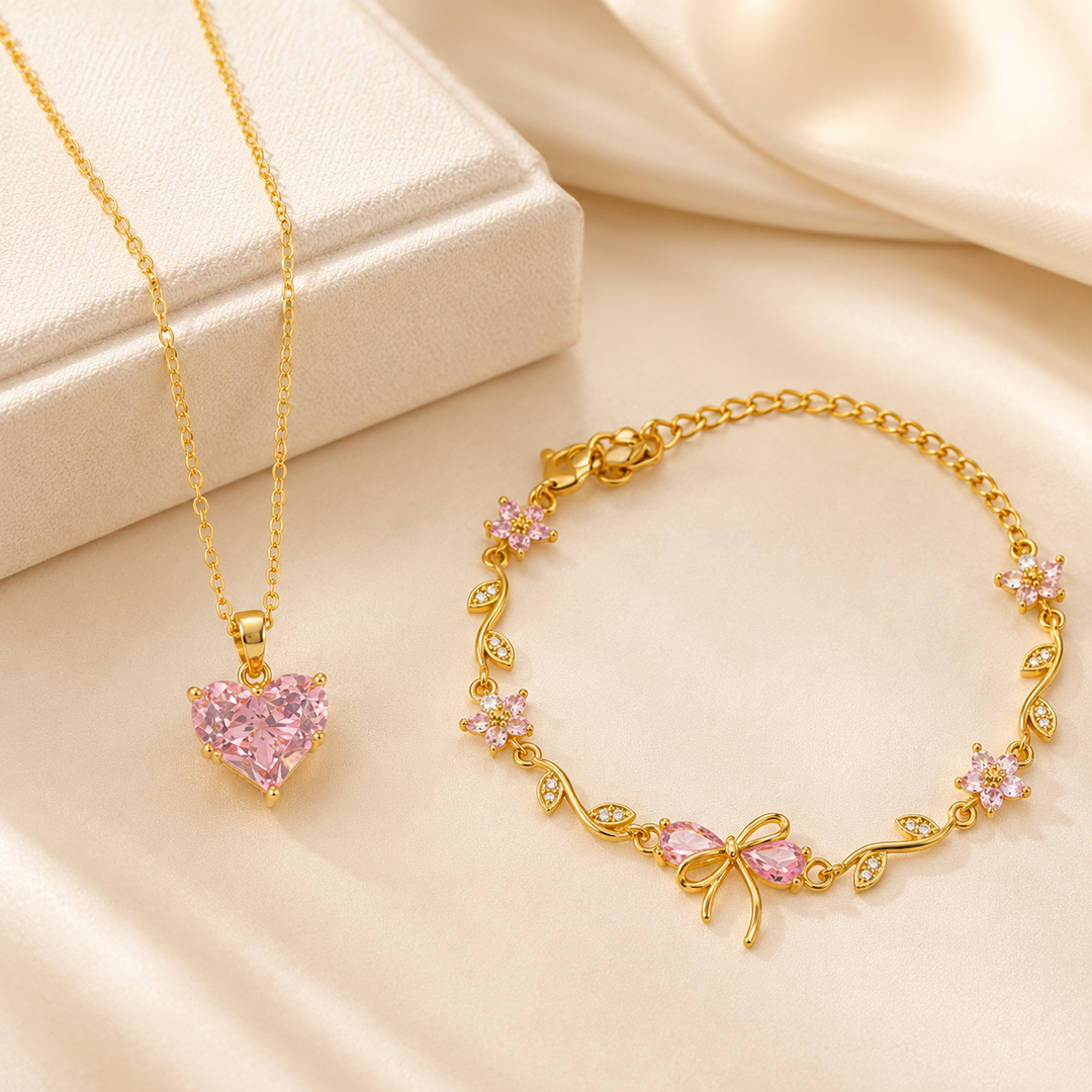 Pink Heart Necklace &amp; Floral Bracelet Set