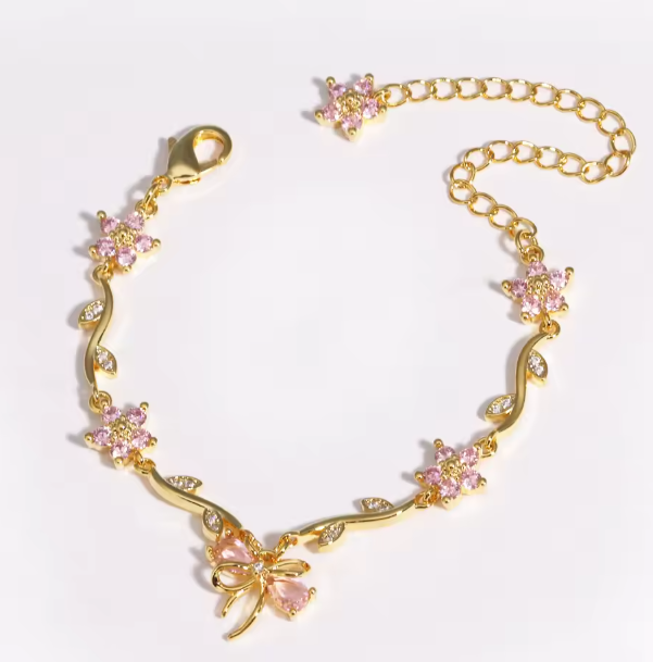 Pink Heart Necklace &amp; Floral Bracelet Set
