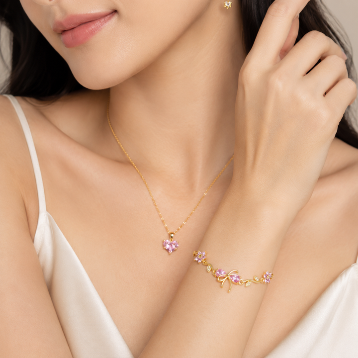 Pink Heart Necklace &amp; Floral Bracelet Set