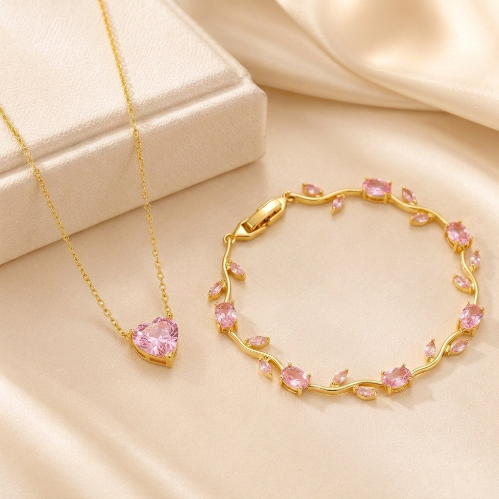Pink Heart Necklace &amp; Floral Bracelet Set