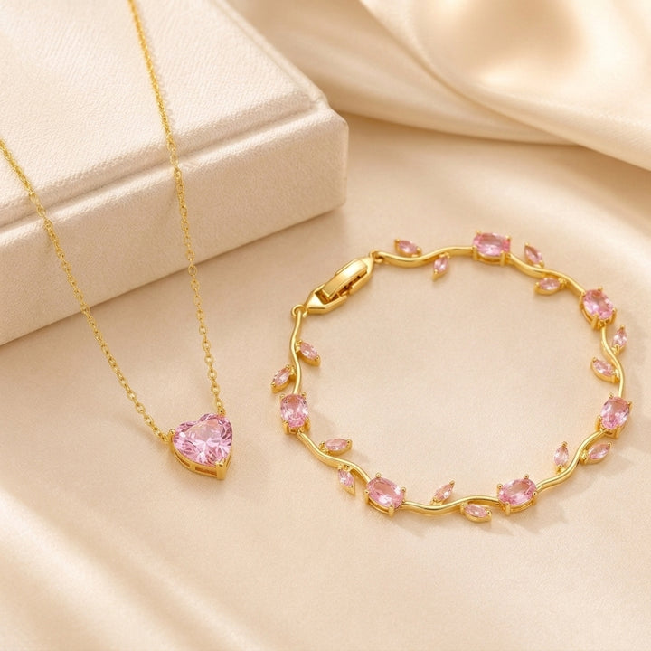 Pink Heart Necklace &amp; Floral Bracelet Set