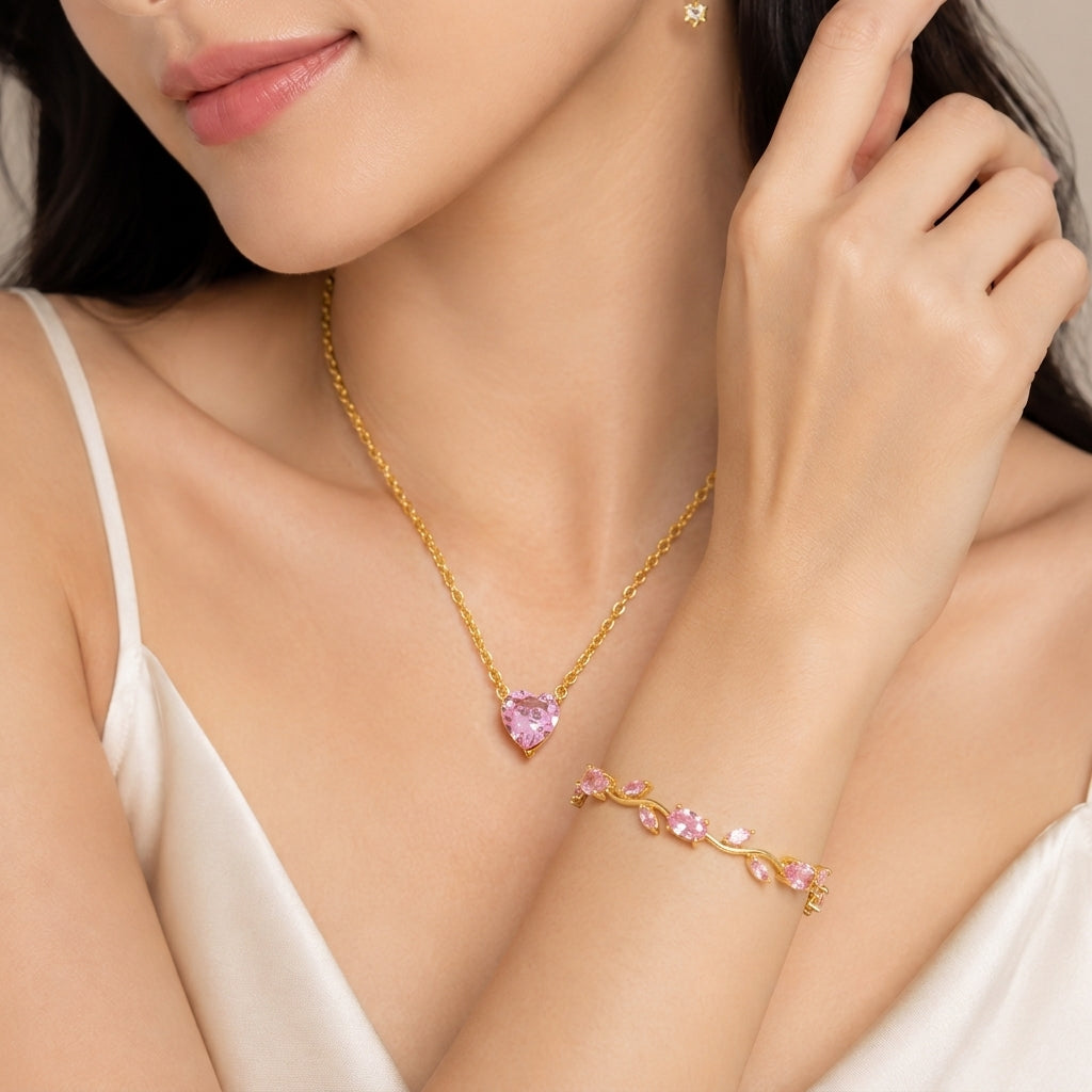 Pink Heart Necklace &amp; Floral Bracelet Set