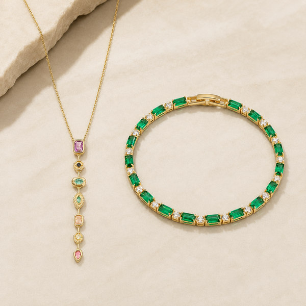 Multicolor Cascade Necklace & Emerald Bangle Set
