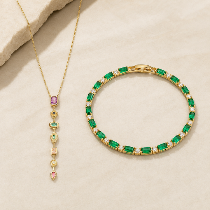 Multicolor Cascade Necklace &amp; Emerald Bangle Set