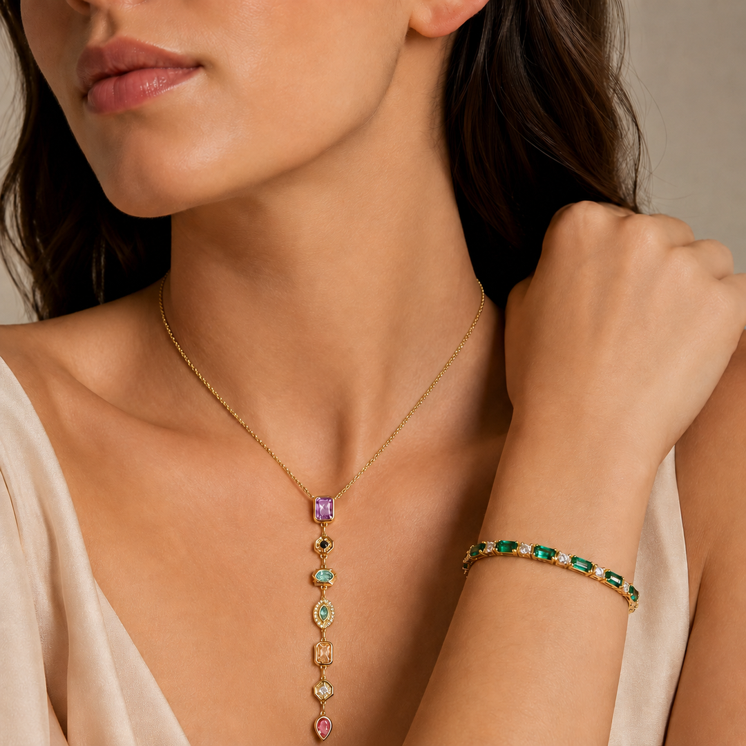 Multicolor Cascade Necklace &amp; Emerald Bangle Set
