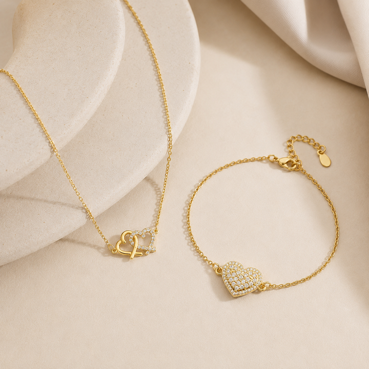 Double Heart Necklace &amp; Charm Bracelet Set