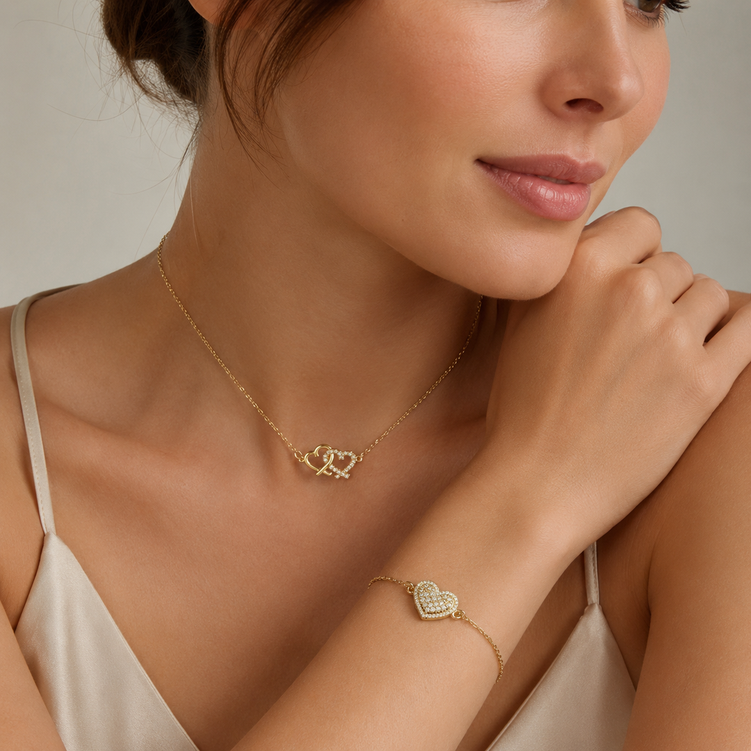 Double Heart Necklace &amp; Charm Bracelet Set