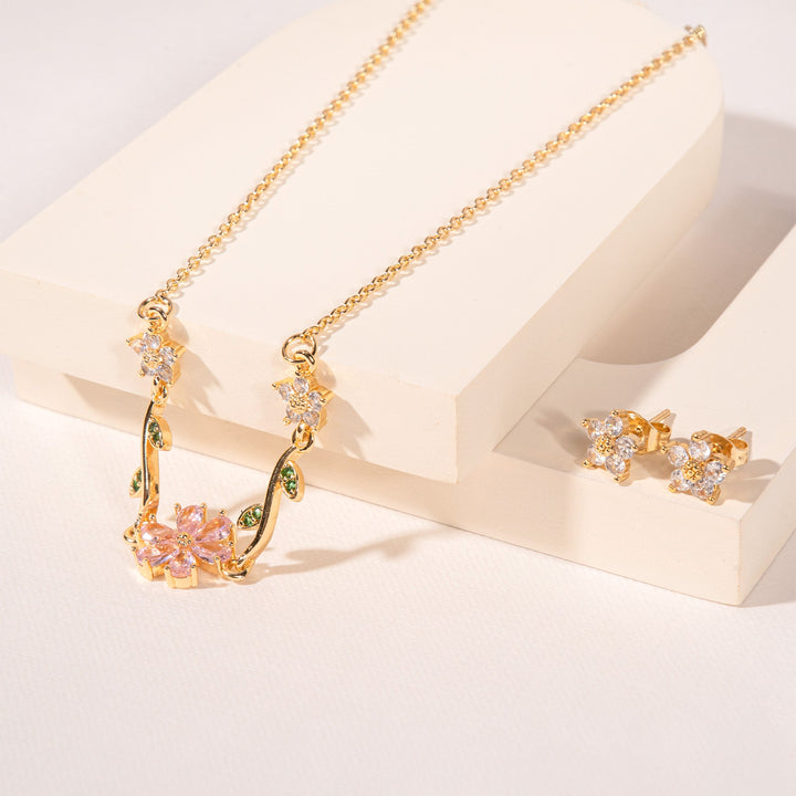 Fleuria Minimal Necklace and Earring Set - Pink | Salty