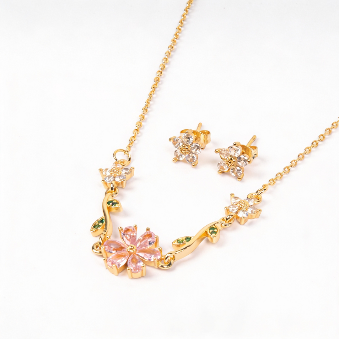 Fleuria Minimal Necklace and Earring Set - Pink | Salty