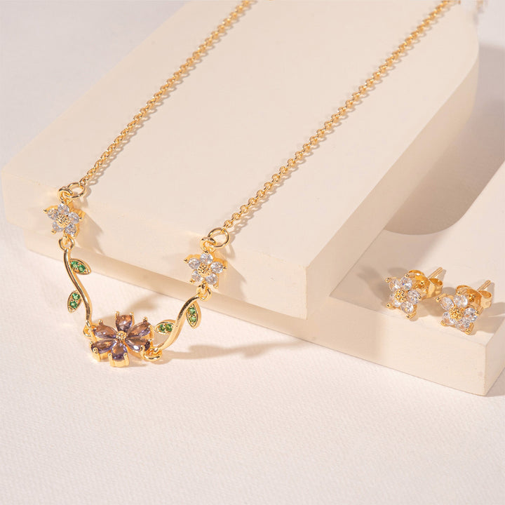 Fleuria Minimal Necklace and Earring Set - Purple | Salty