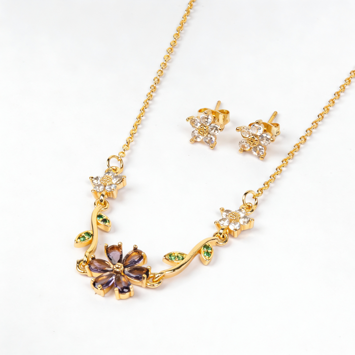 Fleuria Minimal Necklace and Earring Set - Purple | Salty