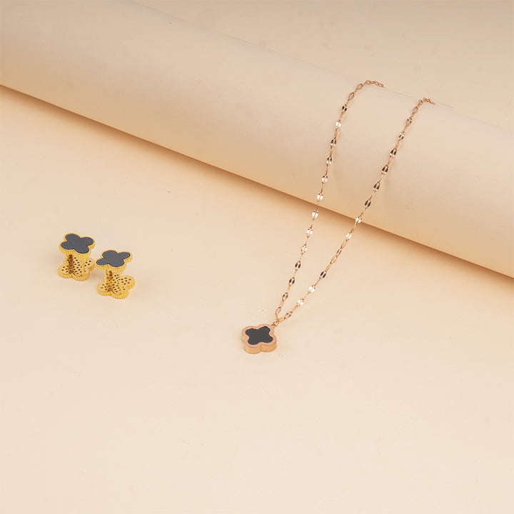 Black and White Clover Necklace and Studs Set