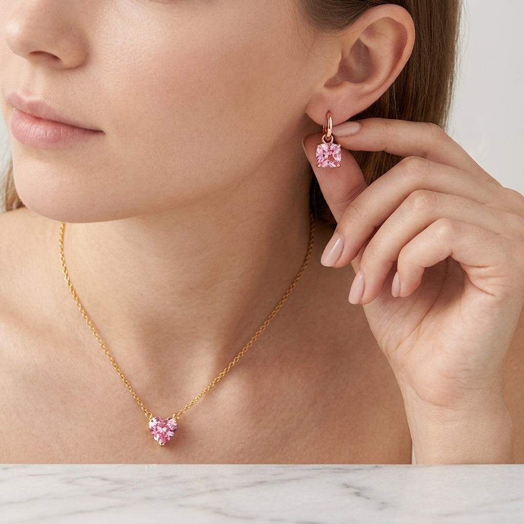 Pink Heart Dainty Necklace and Cupid's Gem Earrings set For Mother | Salty