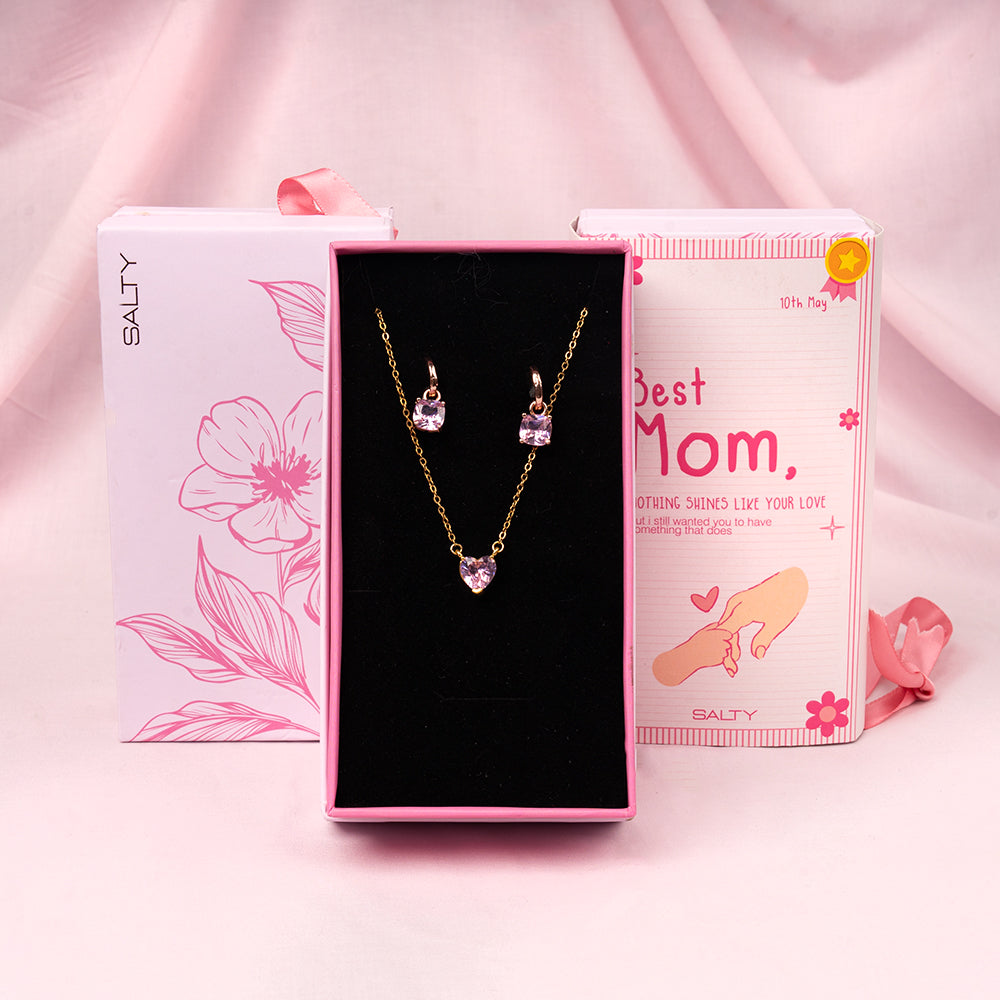 Pink Heart Dainty Necklace and Cupid's Gem Earrings set For Mother | Salty