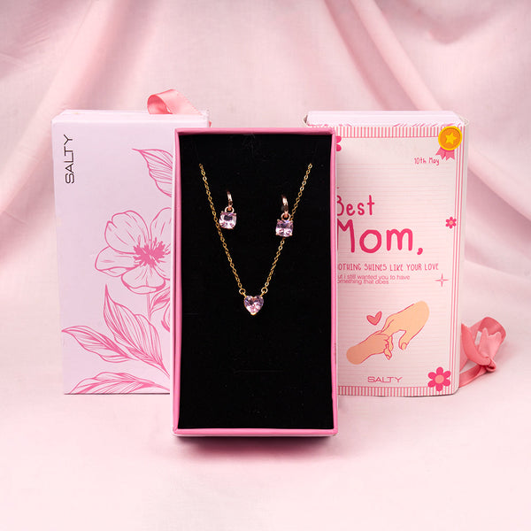 Pink Heart Dainty Necklace and Cupid's Gem Earrings set For Mother