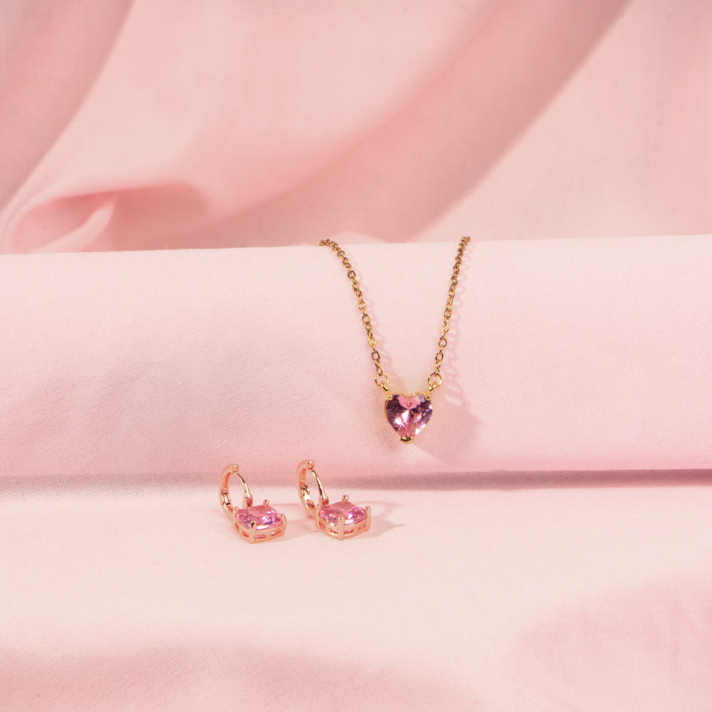 Pink Heart Dainty Necklace and Cupid's Gem Earrings set For Mother | Salty