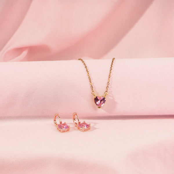 Pink Heart Dainty Necklace and Cupid's Gem Earrings set For Mother