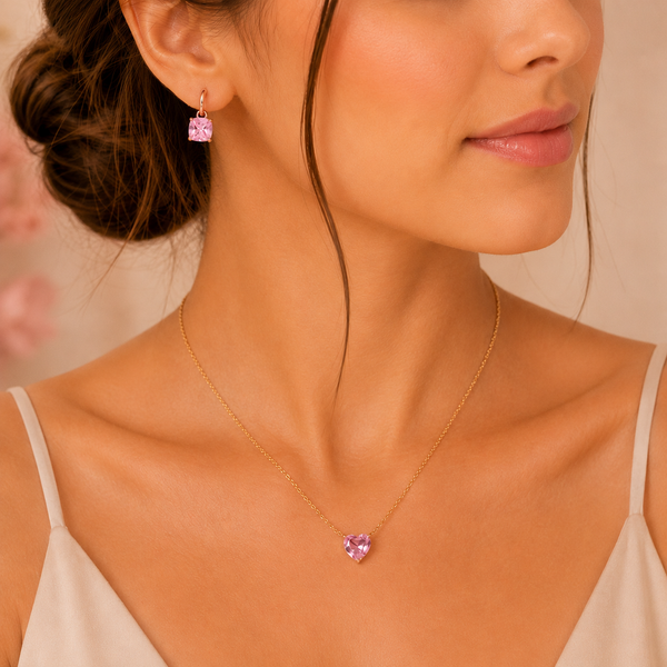 Pink Heart Dainty Necklace and Cupid's Gem Earrings set For Mother