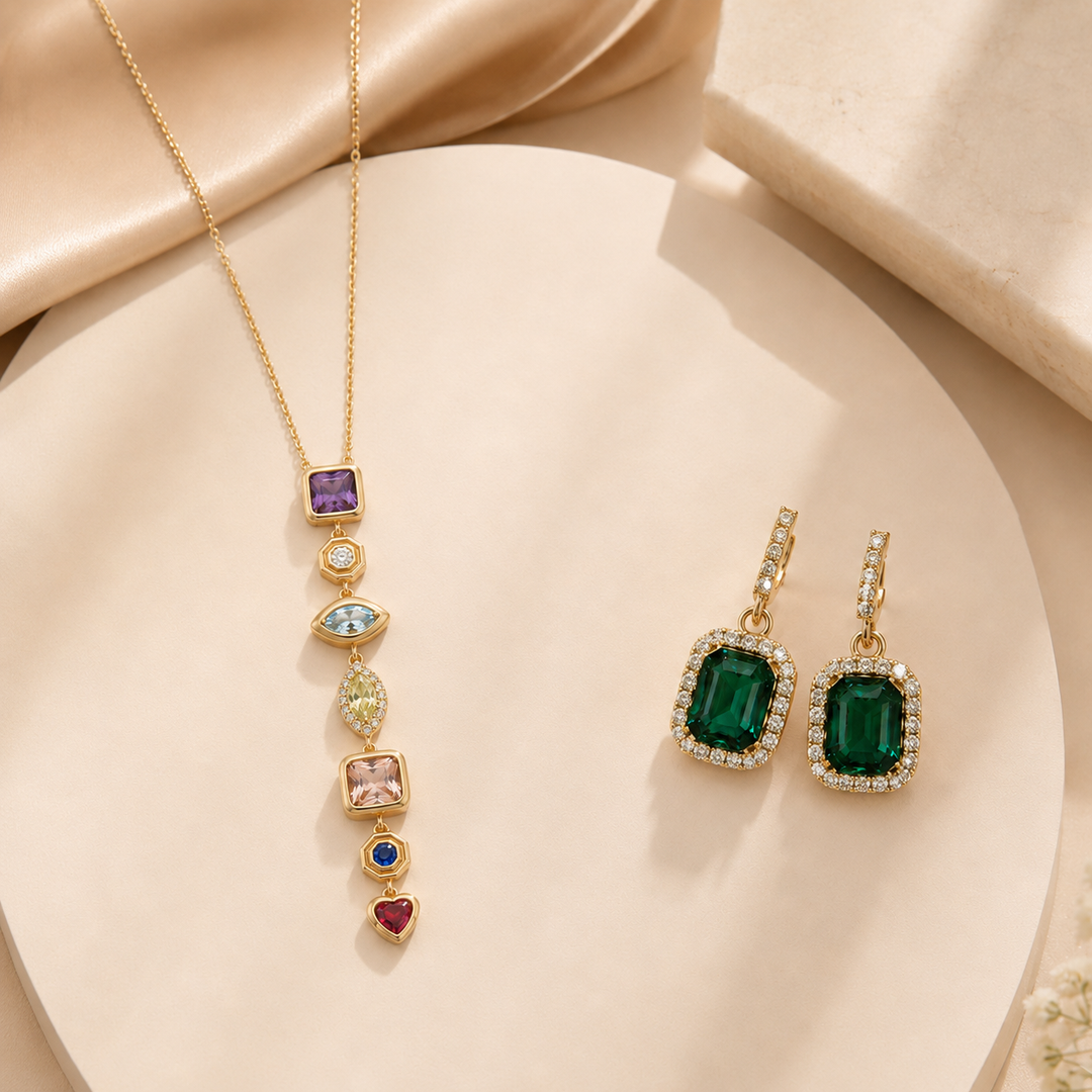 Multicolor Cascade Necklace &amp; Emerald Earring Set