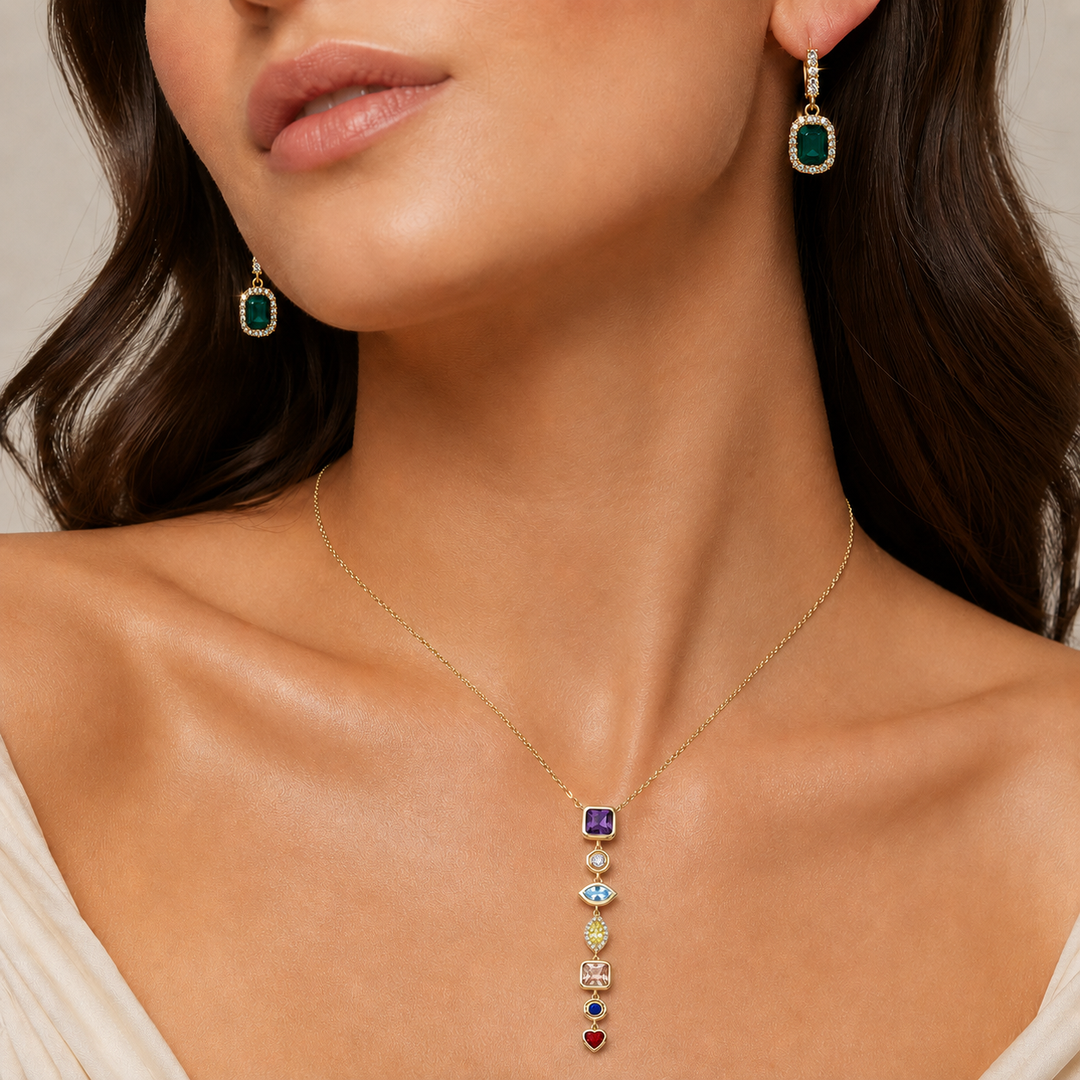 Multicolor Cascade Necklace &amp; Emerald Earring Set