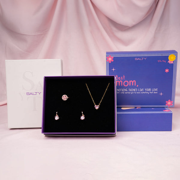 Heart Dainty Necklace With Cupid's Gem Earrings and Pink Floral Ring Set for Mothers