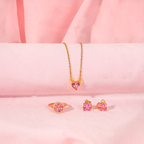 Heart Dainty Necklace With Cupid's Gem Earrings and Pink Floral Ring Set for Mothers