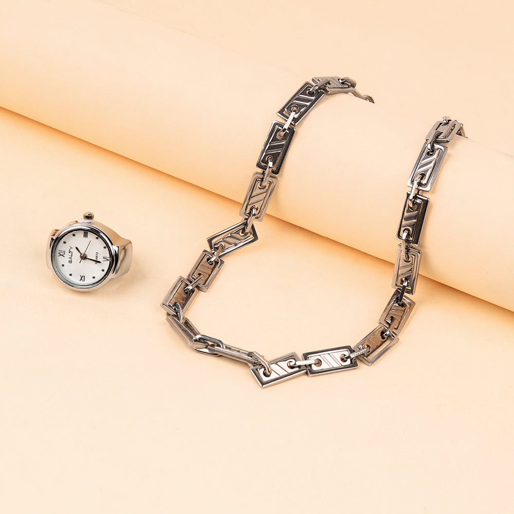 Silver Charm Watch Ring and Necklace Set