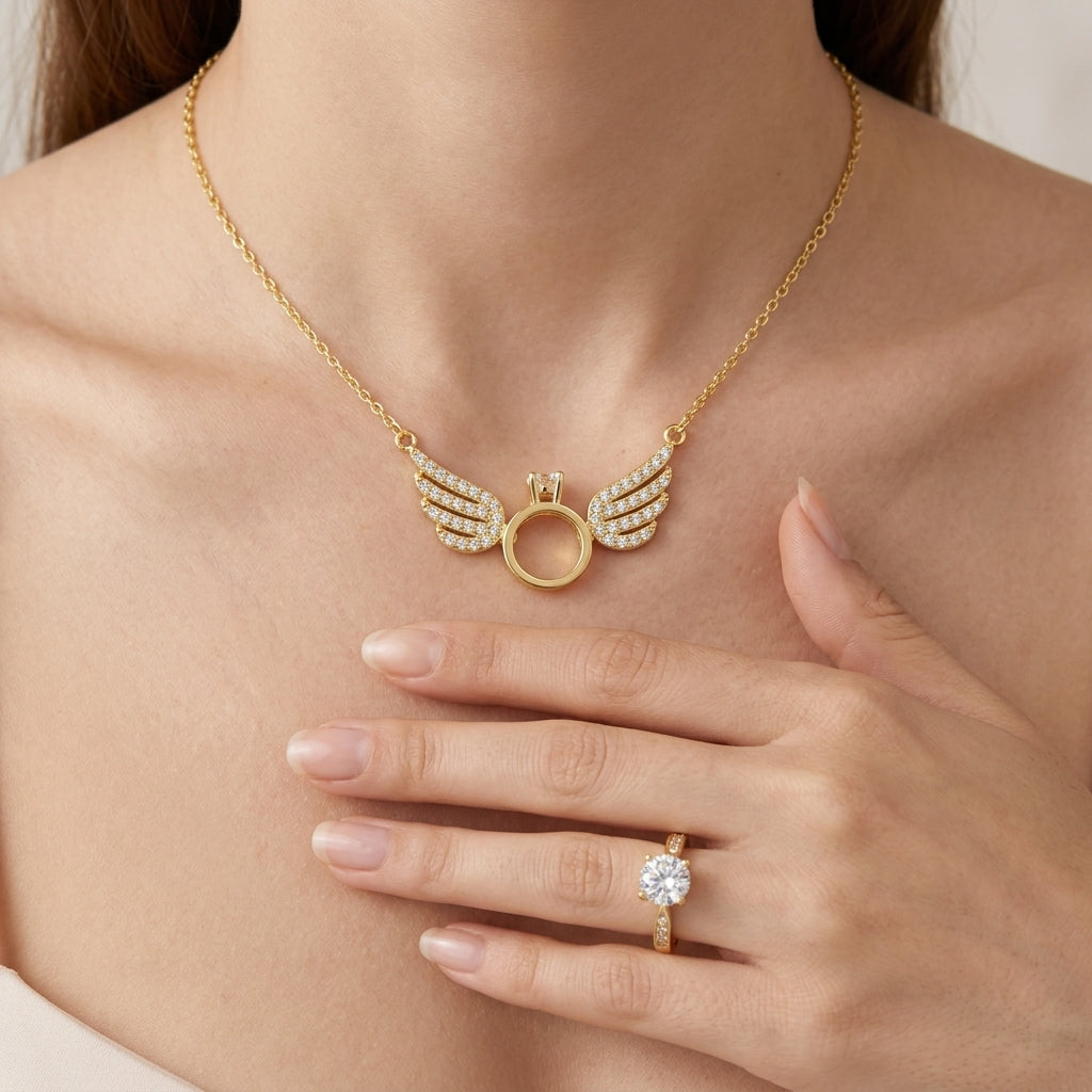 Gold Angel Wings Necklace and  Gold Tone Ring set For Mother | Salty