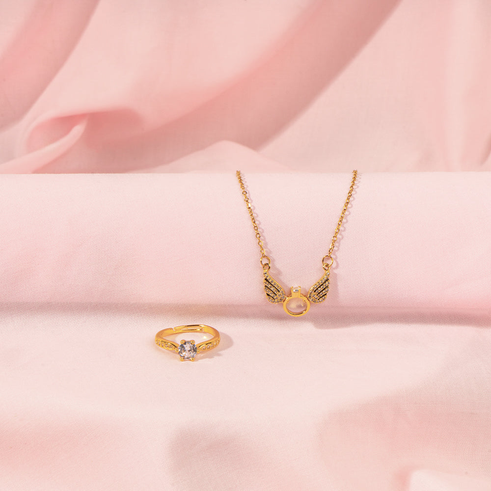 Gold Angel Wings Necklace and  Gold Tone Ring set For Mother | Salty