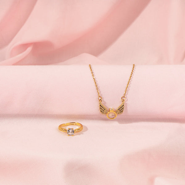 Gold Angel Wings Necklace and  Gold Tone Ring set For Mother