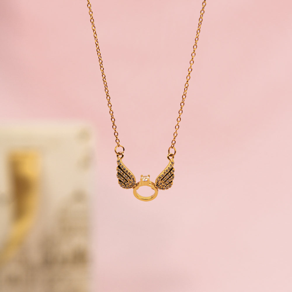 Gold Angel Wings Necklace and  Gold Tone Ring set For Mother | Salty