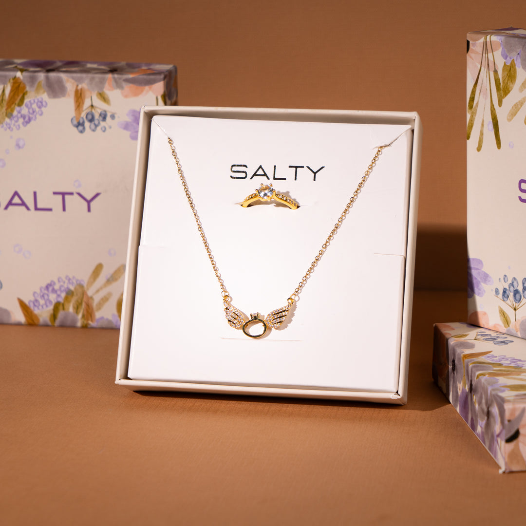Gold Angel Wings Necklace and  Gold Tone Ring set For Mother