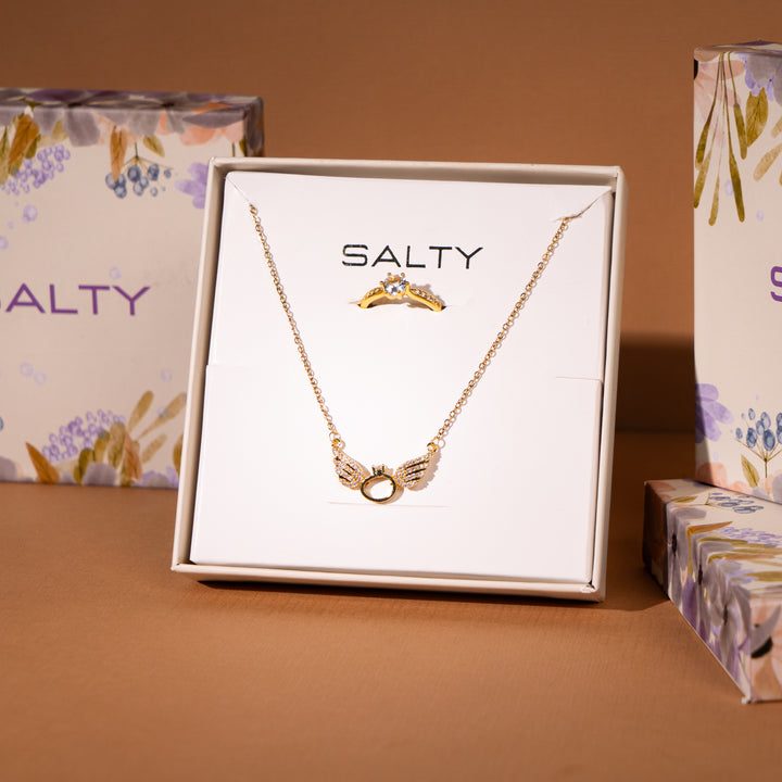 Gold Angel Wings Necklace and  Gold Tone Ring set For Mother