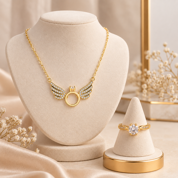 Gold Angel Wings Necklace and  Gold Tone Ring set For Mother